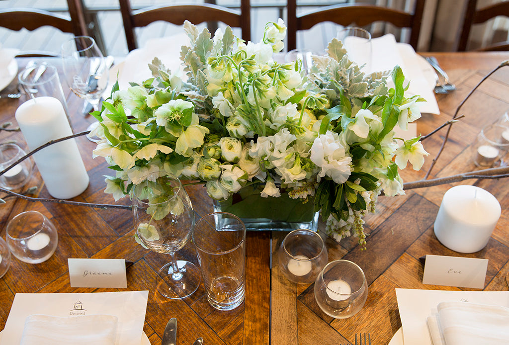 White winter flower table setting