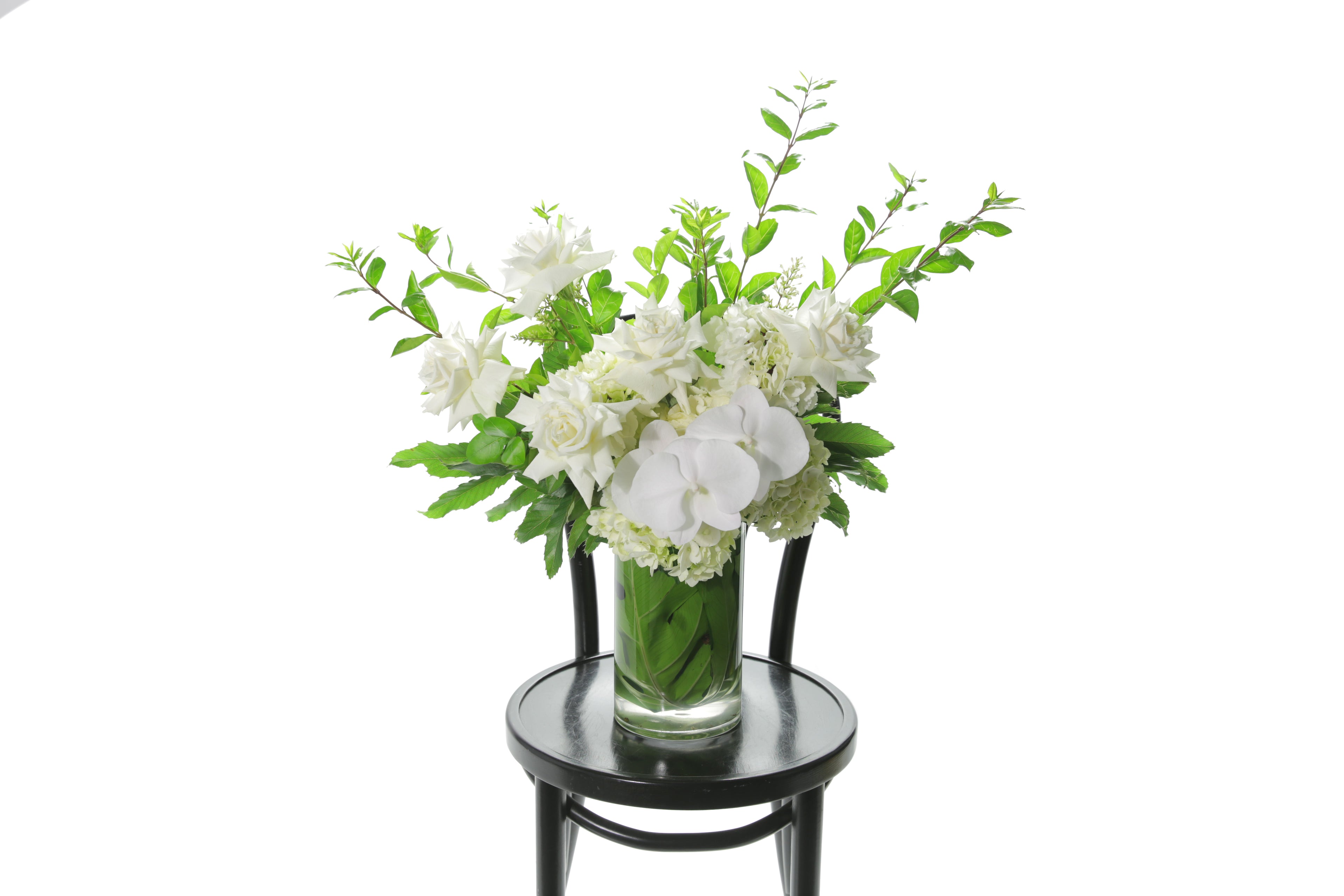 Tall glass vase, lined with green leaves, featuring seasonal white and green flowers. Large vase design sitting on black bentwood chair with white background.