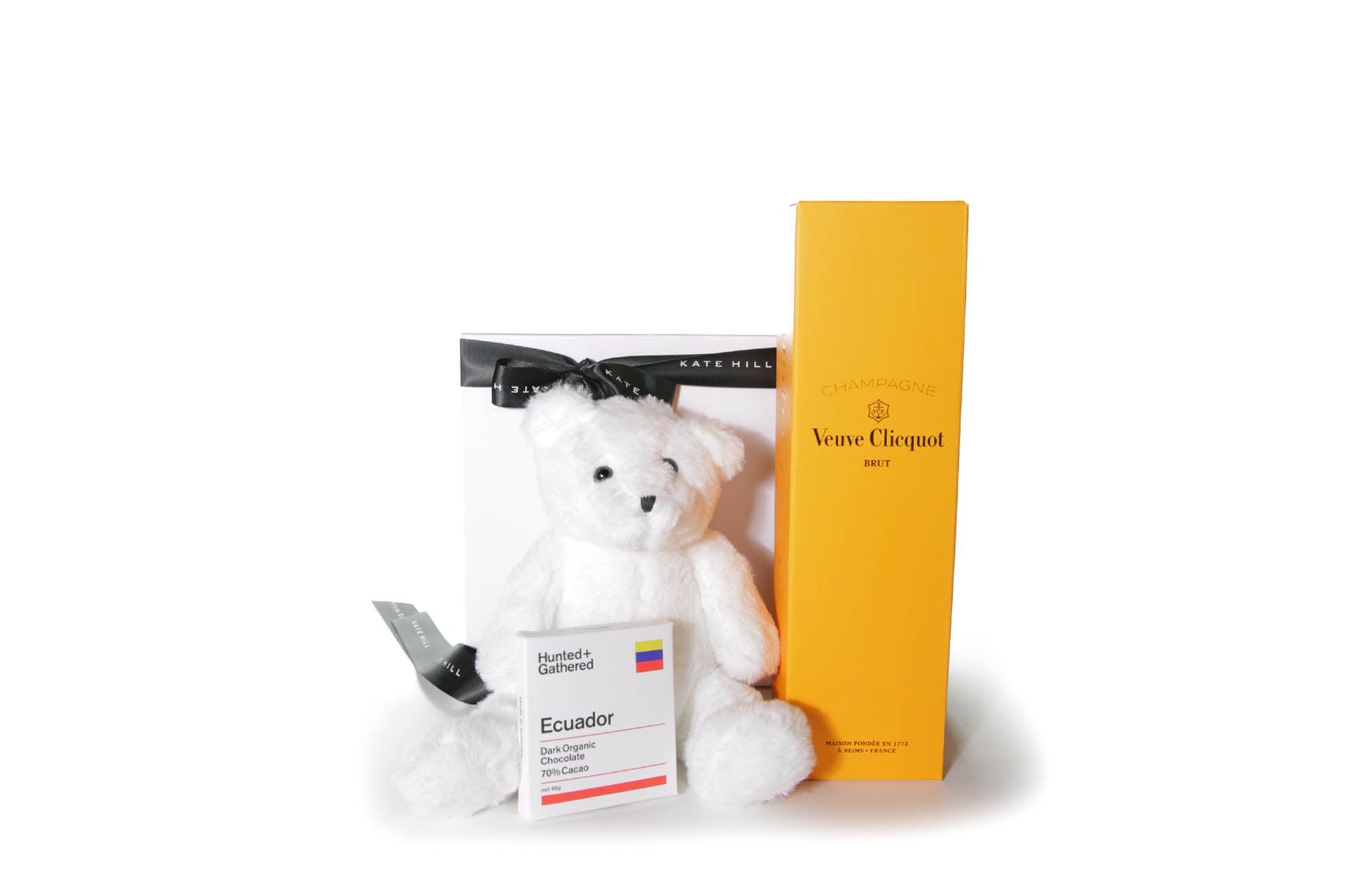 Gift box hamper with chocolate, teddy bear and a bottle of French Champagne