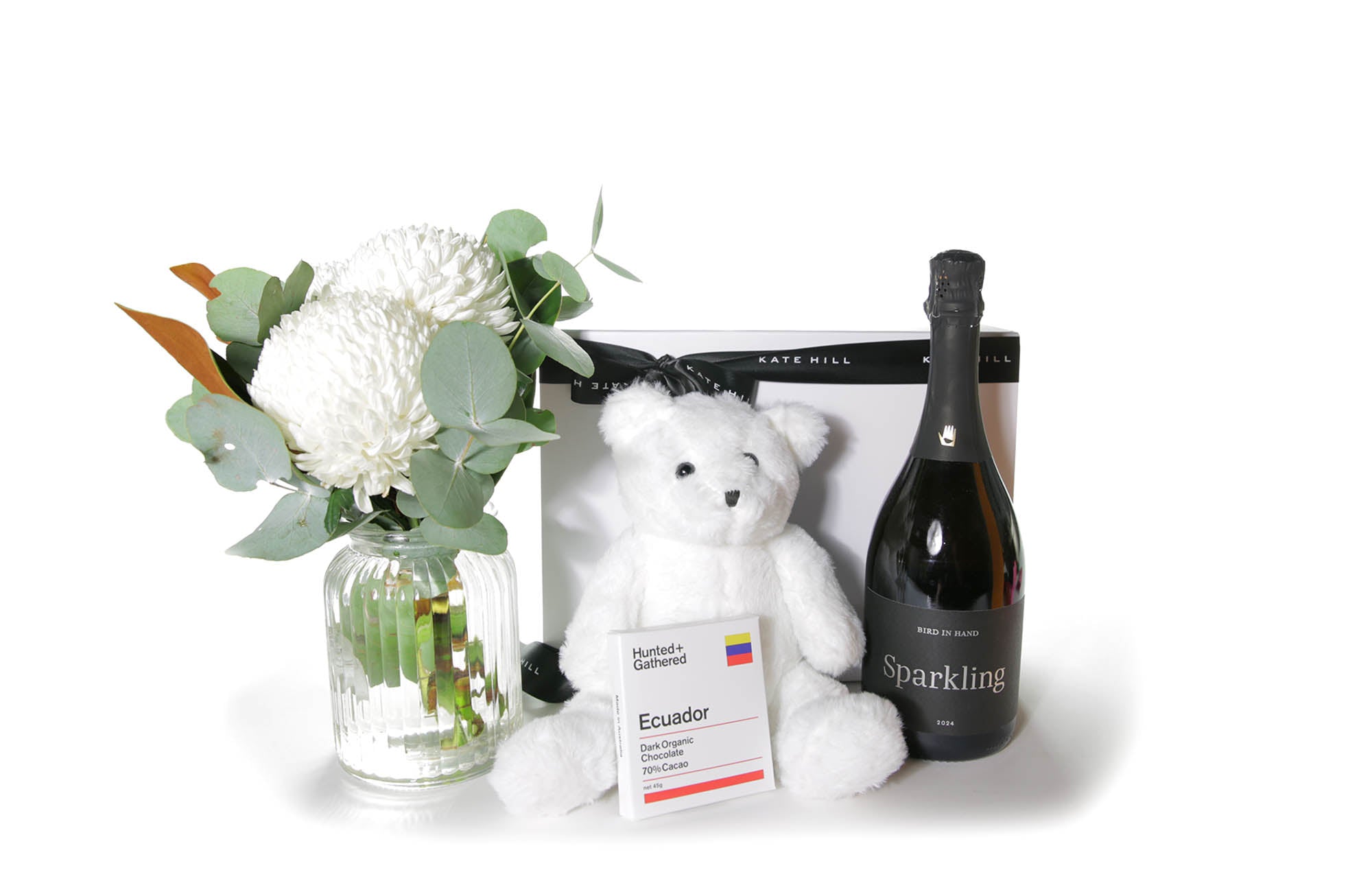 Flower gift box hamper featuring a flower vase design, teddy bear, chocolate and bottle of Australian sparkling wine.