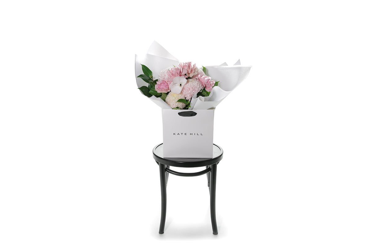 Kate Hill Flowers – medium blush and soft-pink birthday bouquet of roses, chrysanthemums and orchids, hand-tied.