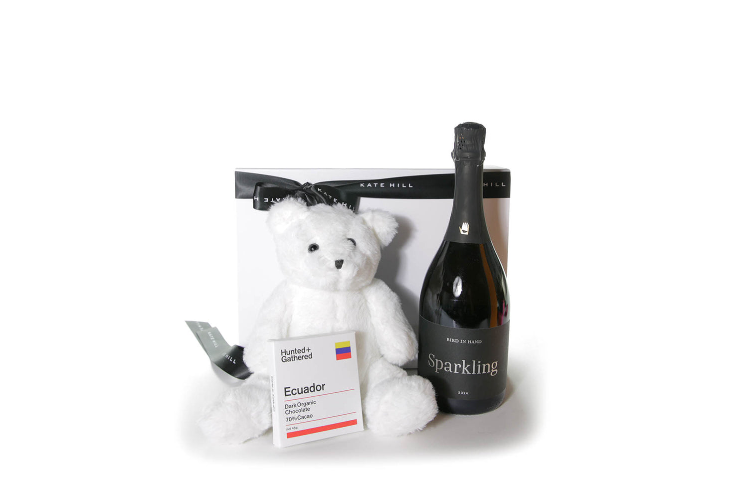 Gift box hamper with teddy bear, chocolate and sparkling Australian wine