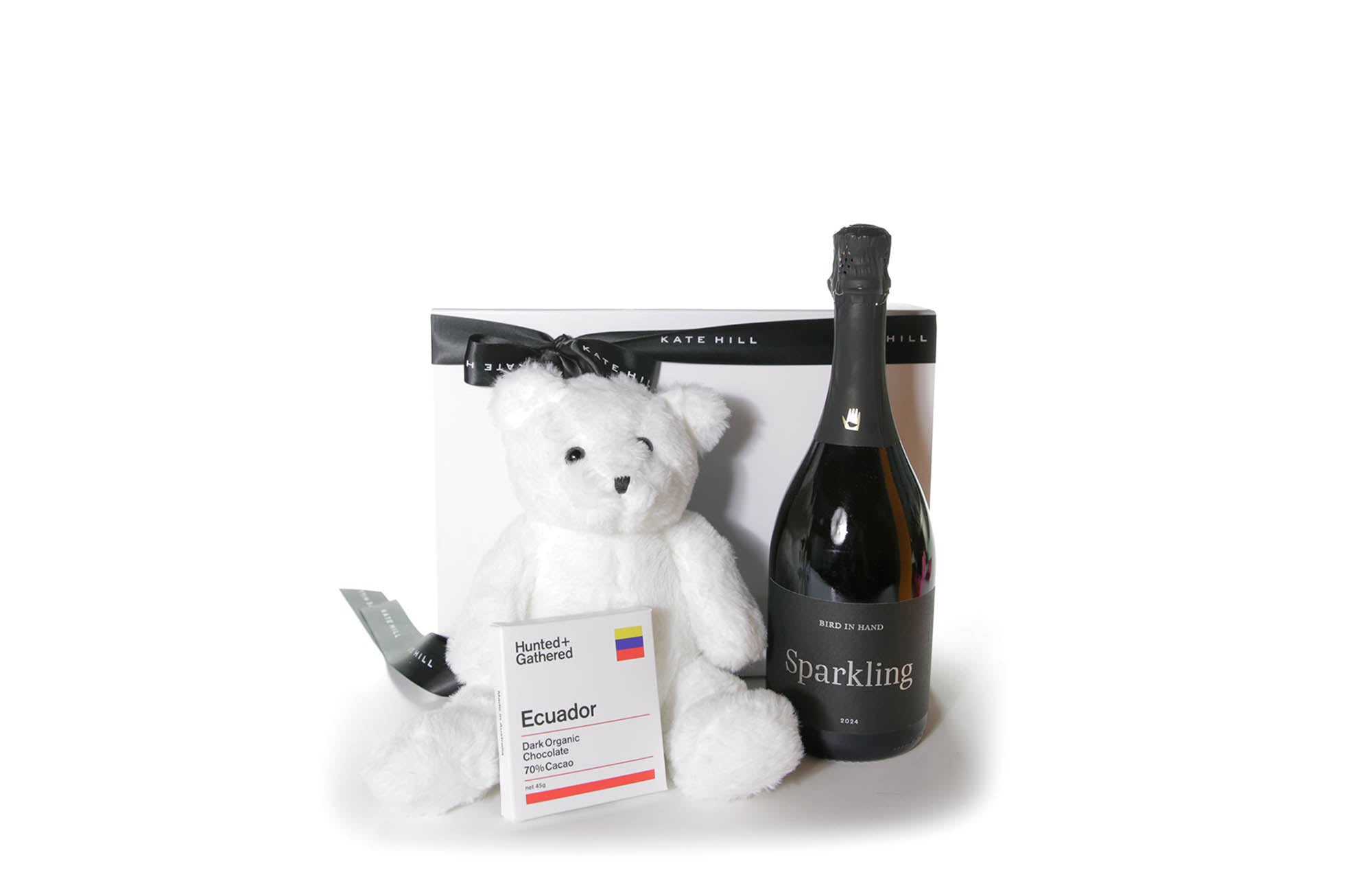 Gift box hamper with teddy bear, chocolate and sparkling Australian wine