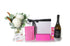 Flower gift box hamper with flowers in a vase, chocolate, body care products and a bottle of Australian sparkling wine.