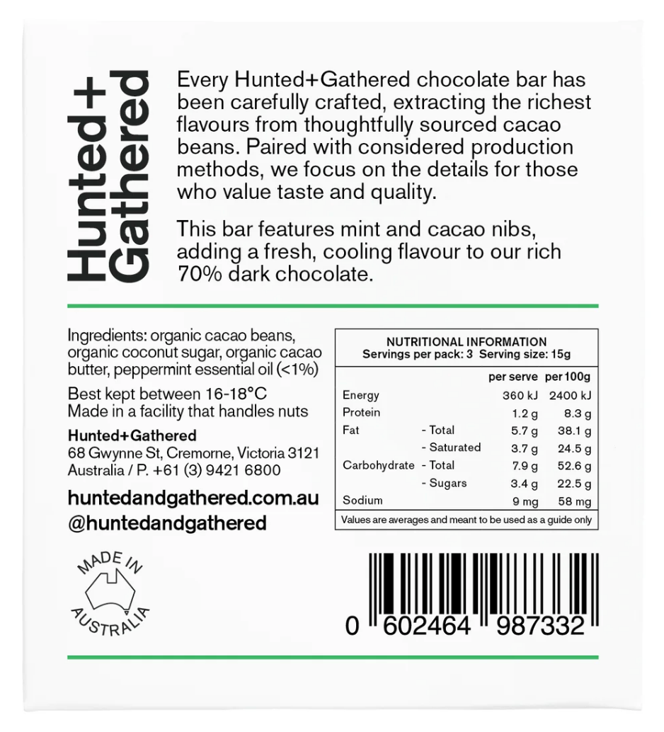 Hunted + Gathered Mint + Cacao Nib Chocolate Bar