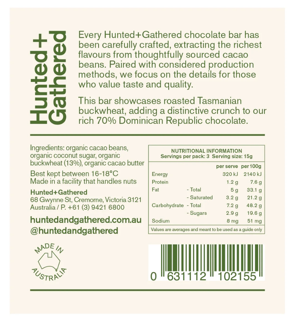Hunted + Gathered Roasted Buckwheat Chocolate Bar