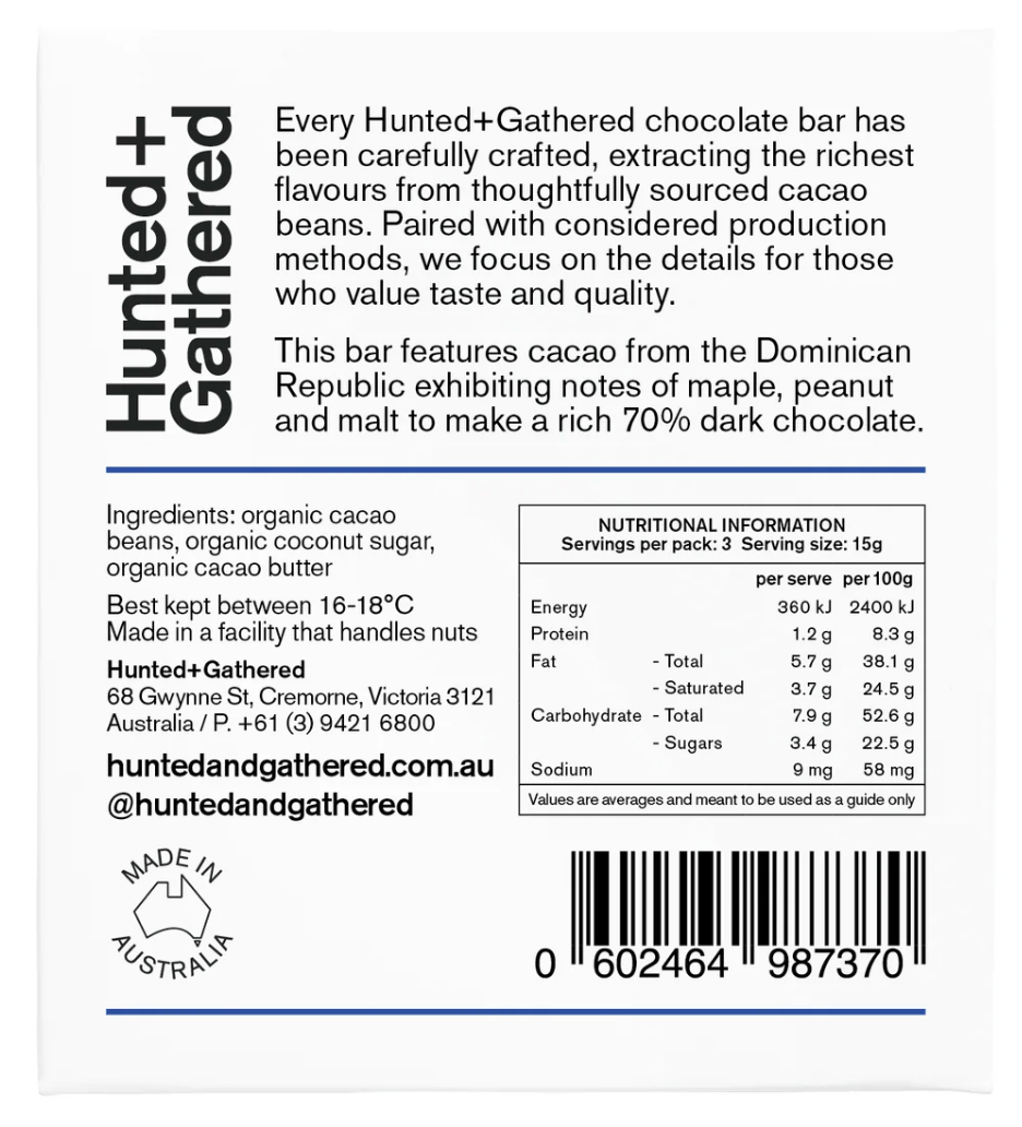 Hunted + Gathered Dominican Republic 70% Chocolate Bar