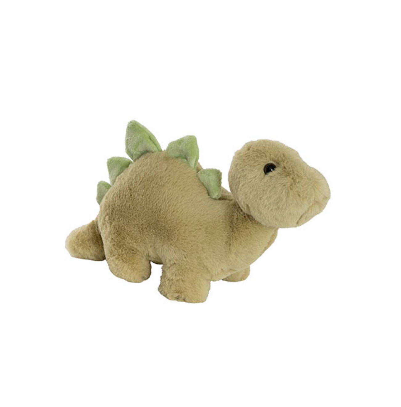 A plush green Stegosaurus toy, Dino the Dinosaur, with a soft fabric body.