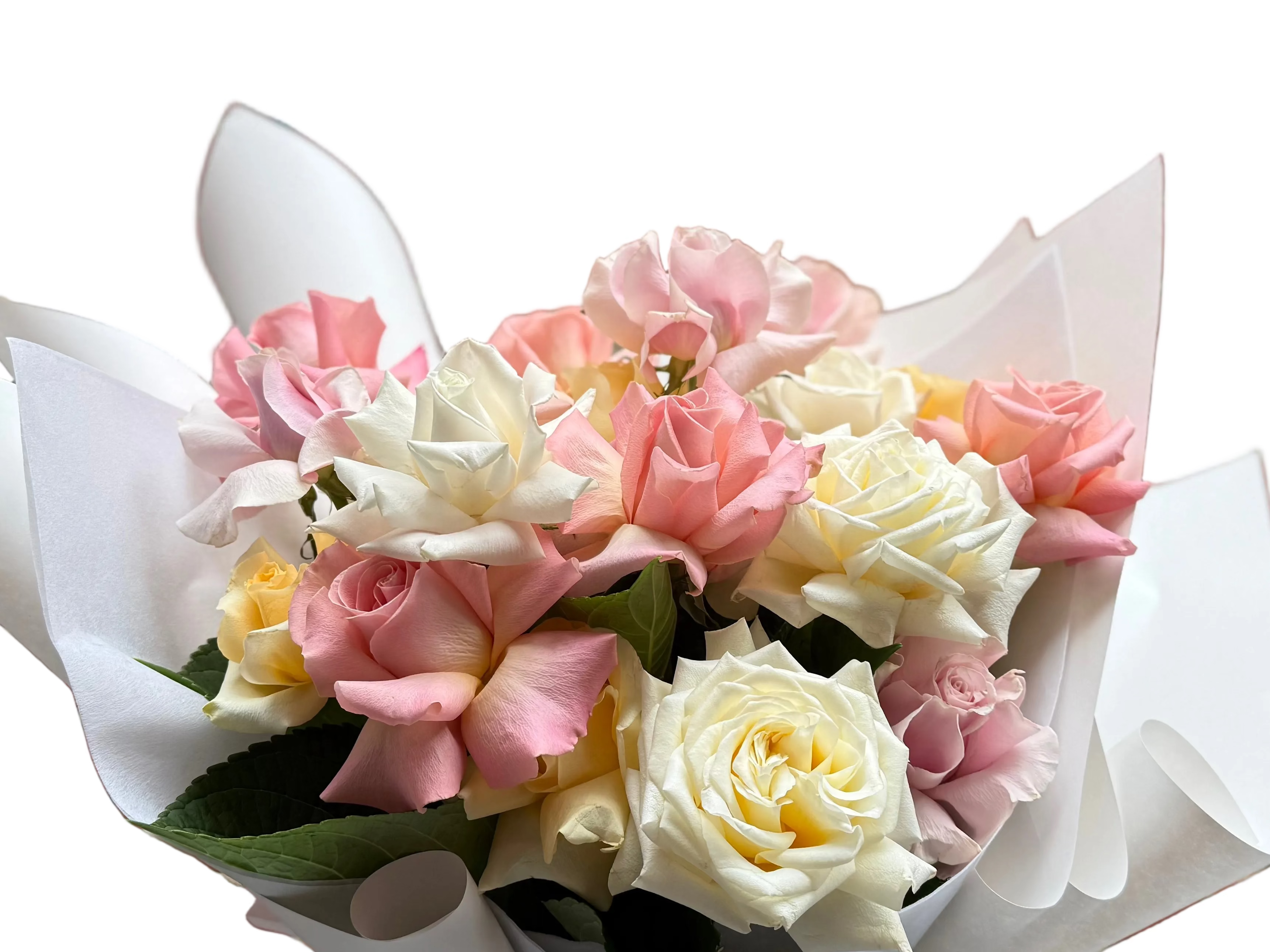 Kate Hill Flowers – February birthday bouquet of soft pastel blush, lemon and cream roses with Melbourne same day flower delivery.
