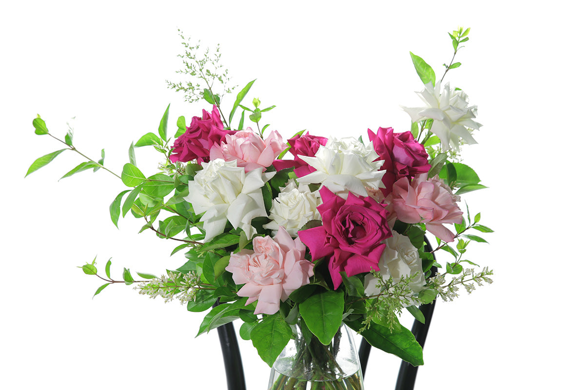 Close up image of Fenella. A clear glass tapered vase features 10 stems of mixed coloured roses and green foliage, sitting on a black bentwood chair and white background.