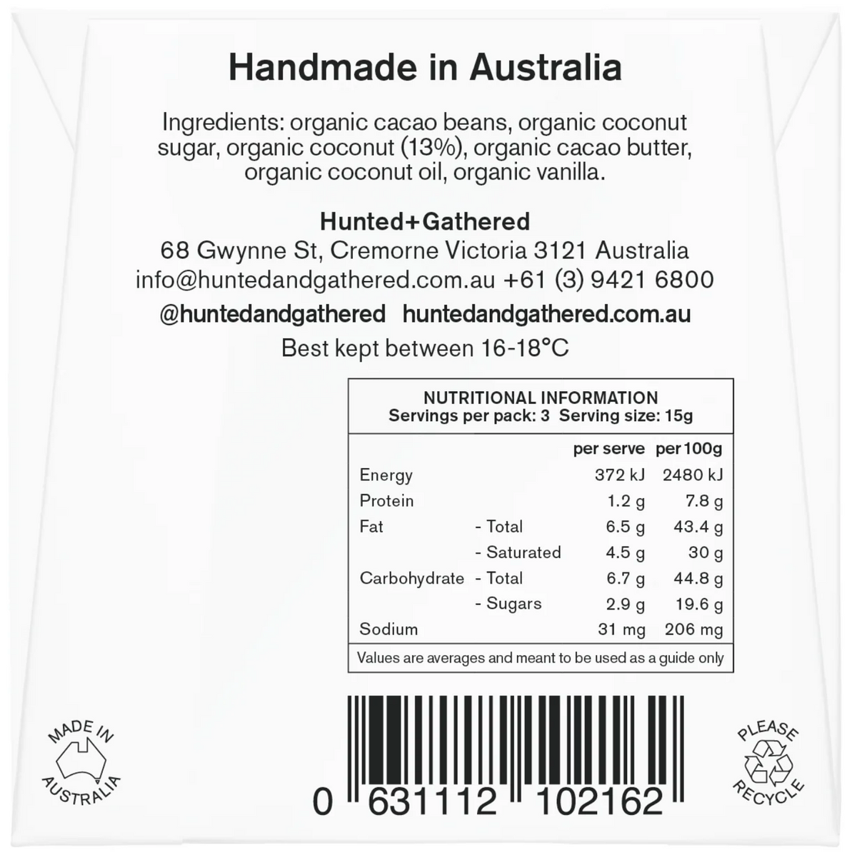 Hunted + Gathered Coconut chocolate bar, back of pack with ingredients and nutrition information