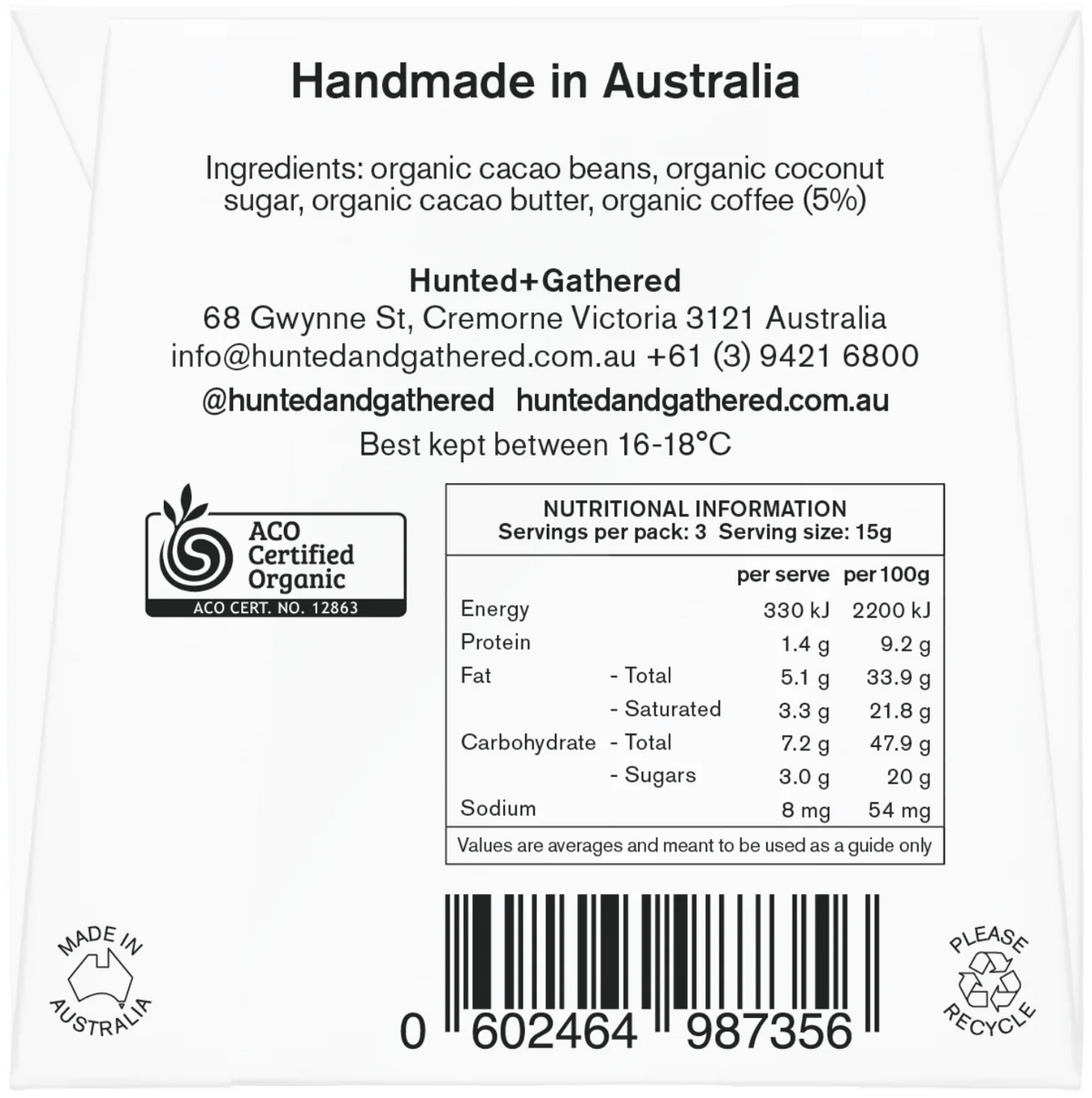 Hunted + Gathered Coffee chocolate bar, back of pack with ingredients and nutrition information