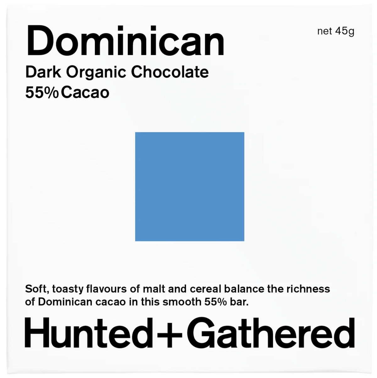 Hunted + Gathered Dominican 55% dark organic chocolate bar, front of pack