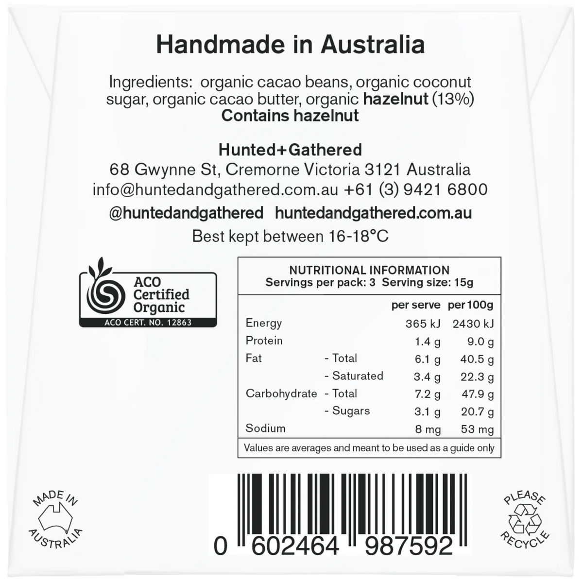 Hunted + Gathered Hazelnut chocolate bar, back of pack with ingredients and nutrition information