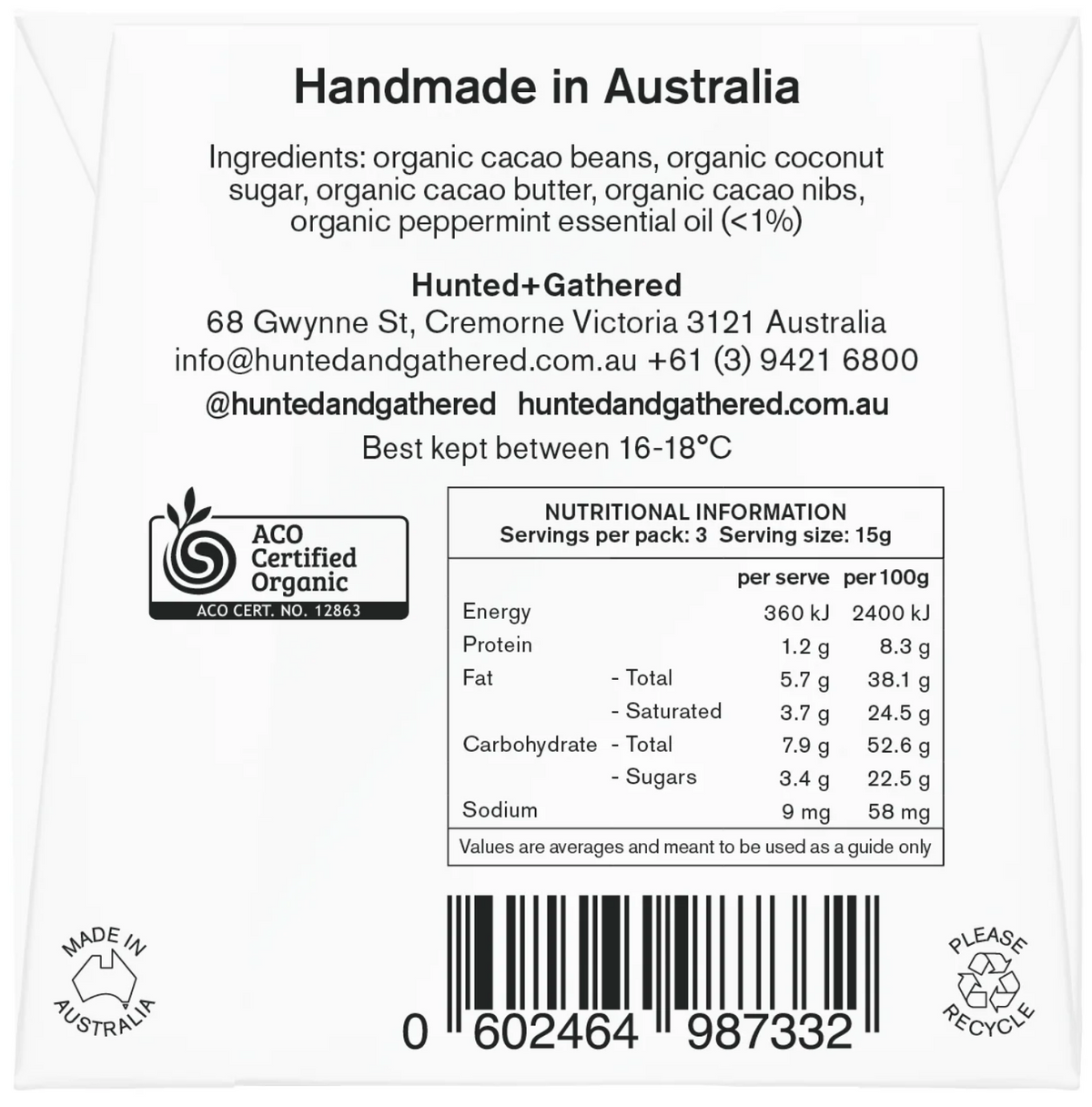 Hunted + Gathered Mint and Nibs chocolate bar, back of pack with ingredients and nutrition information