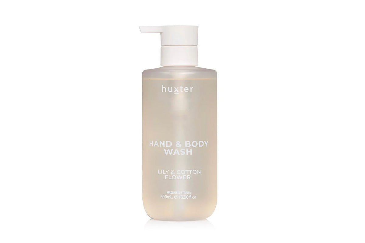 Single bottle of Huxster Lily Cotton Body Wash 500ml on white background
