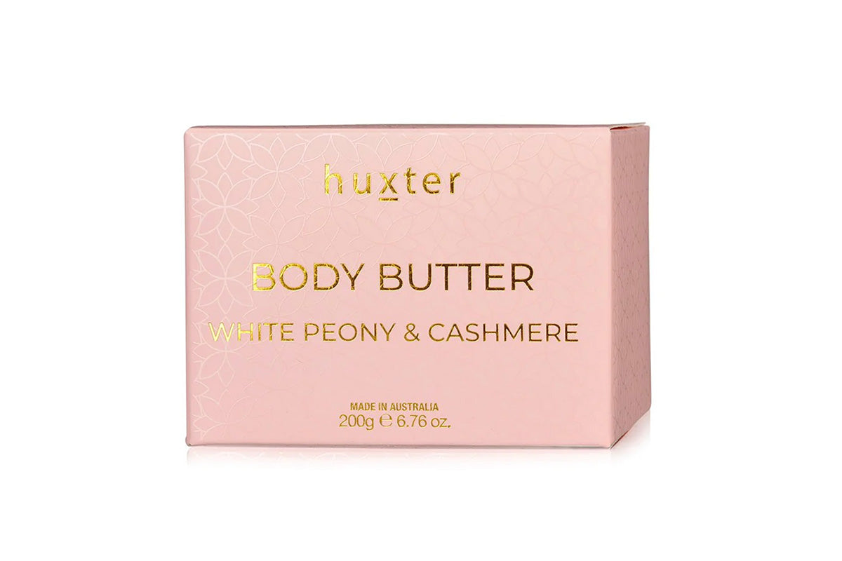 Huxter body butter packaging with &