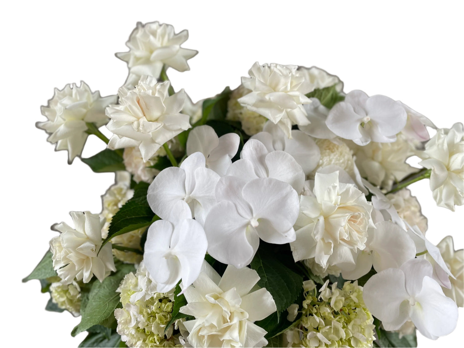 Close up image of white and green casket design. Large white and green casket tribute design, being held by a florist wearing black and standing in front of a white wall.