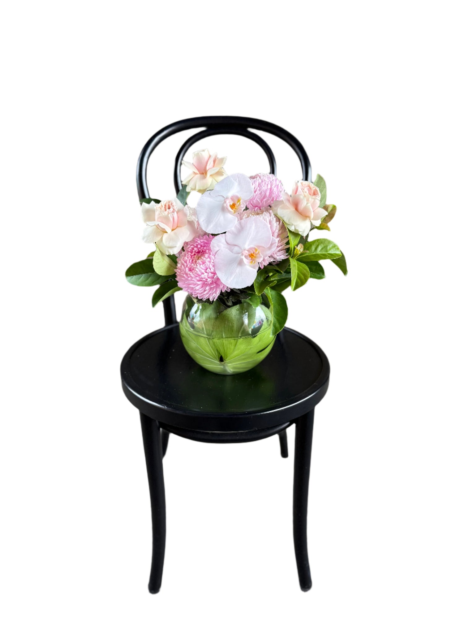 A wide image of soft pastel pink ball vase design sitting on a black bentwood chair.