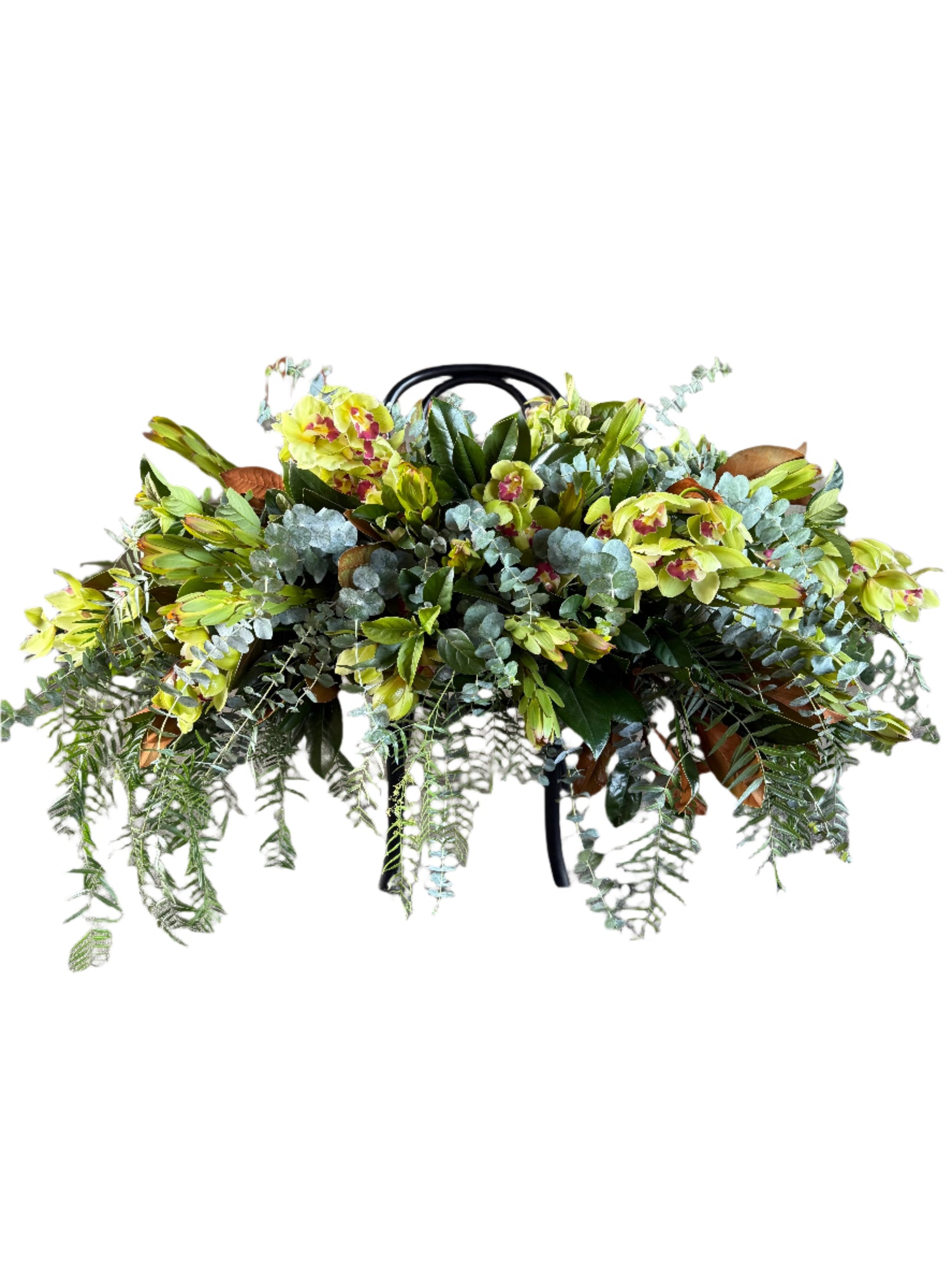 A green and native funeral casket spray displayed on a black bentwood chair white background.