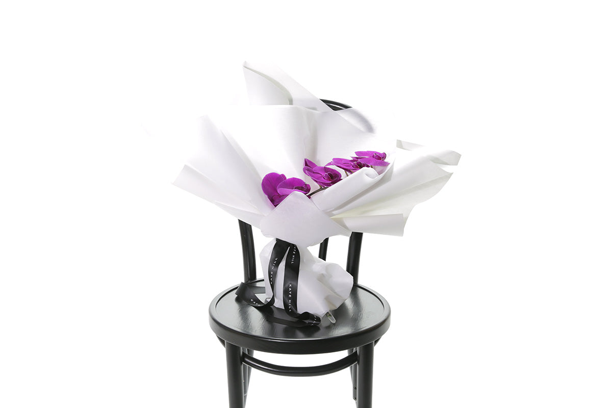 A magenta purple phalaenopsis orchid stem wrapped beautifully in kate hill flowers signature wrapping. Stem of orchid bouquet sitting on a black bentwood with white background.