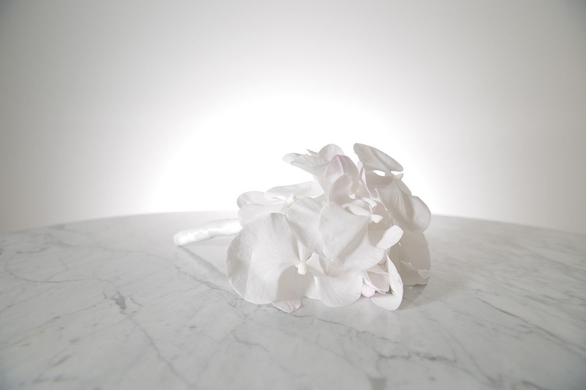 Petite white phalaenopsis orchid bridesmaid bouquet with satin ribbon and pearl pin finish on a marble surface