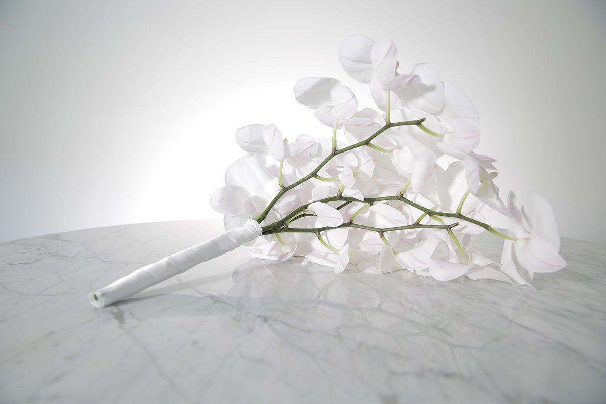 Large cascading white phalaenopsis orchid bridal bouquet bound in satin ribbon on a marble surface with a white background