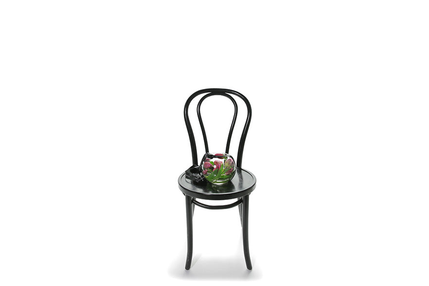 A 20cm glass ball vase, displaying pink tulip stems submerged inside the vase. Vase has black kate hill ribbon and is sitting on a black bentwood chair with a white background. Wide image of the black bentwood chair.