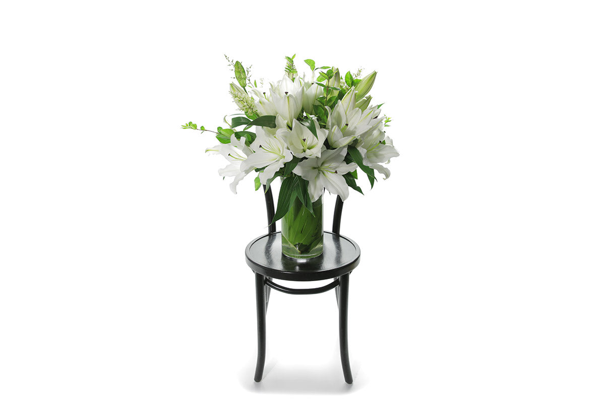 Wide image of Lulu vase design. Open white lilies and green foliage displayed in a tapered vase lined with green leaves. Vase design sitting on black bentwood chair with white background.