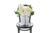 Kate Hill Flowers – white and lemon congratulations vase with roses, chrysanthemums, orchids and foliage in a white wave ceramic.