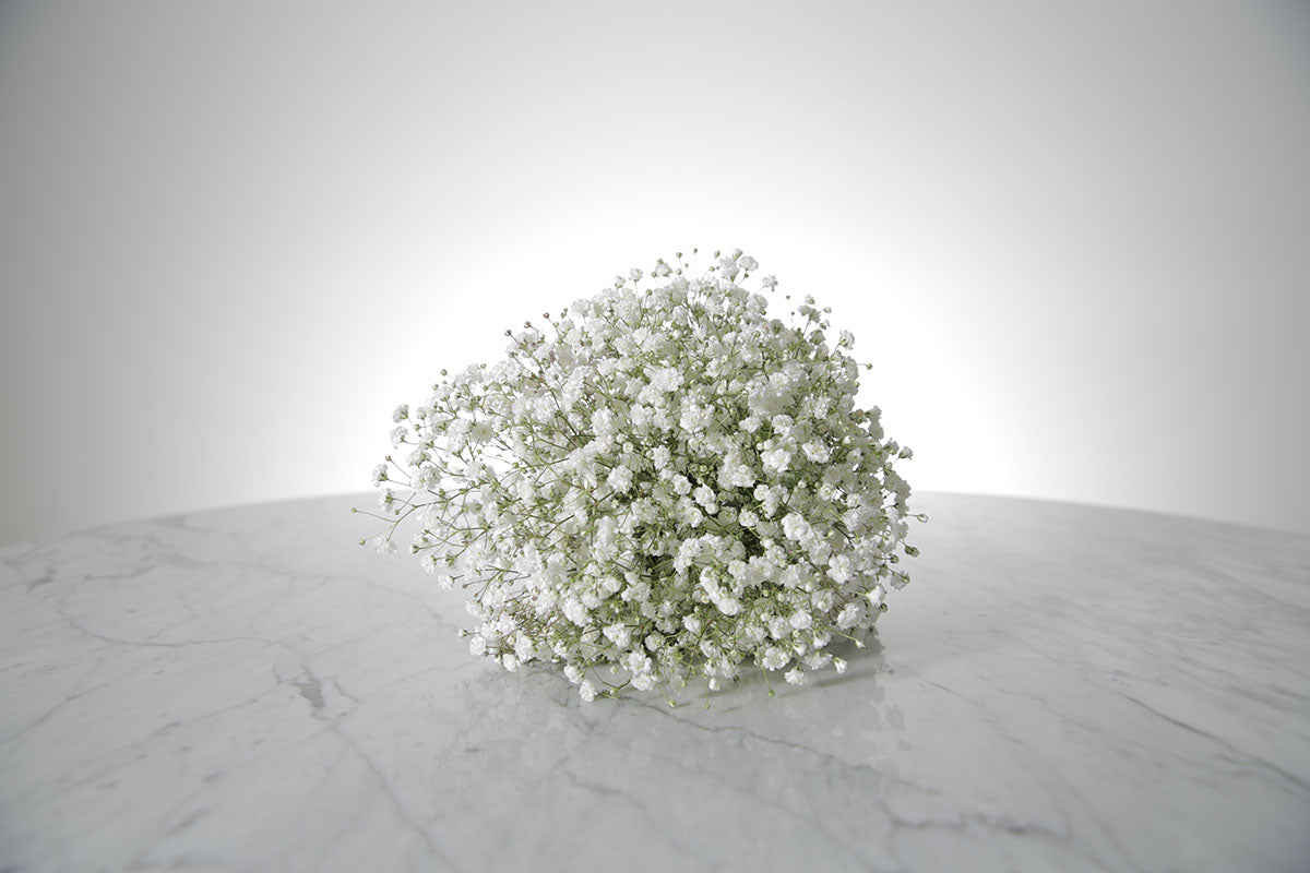 Petite white gypsophila bridesmaid bouquet with satin ribbon and pearl-pin finish placed on a marble surface