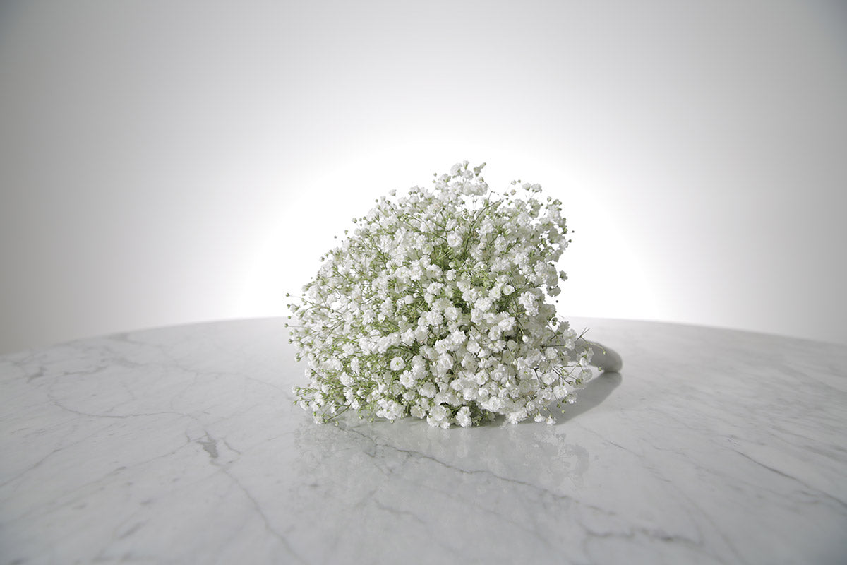 Petite white gypsophila bridesmaid bouquet with satin ribbon and pearl-pin finish placed on a marble surface
