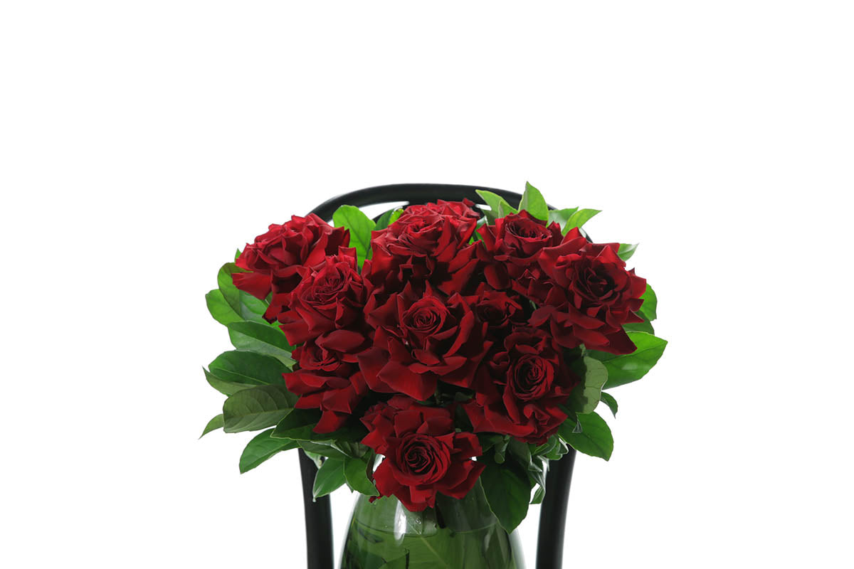 Close up image of a green leaf lined tapered vase featuring 10 stems of red roses and green foliage, sitting on a black bentwood chair in front of a white wall.