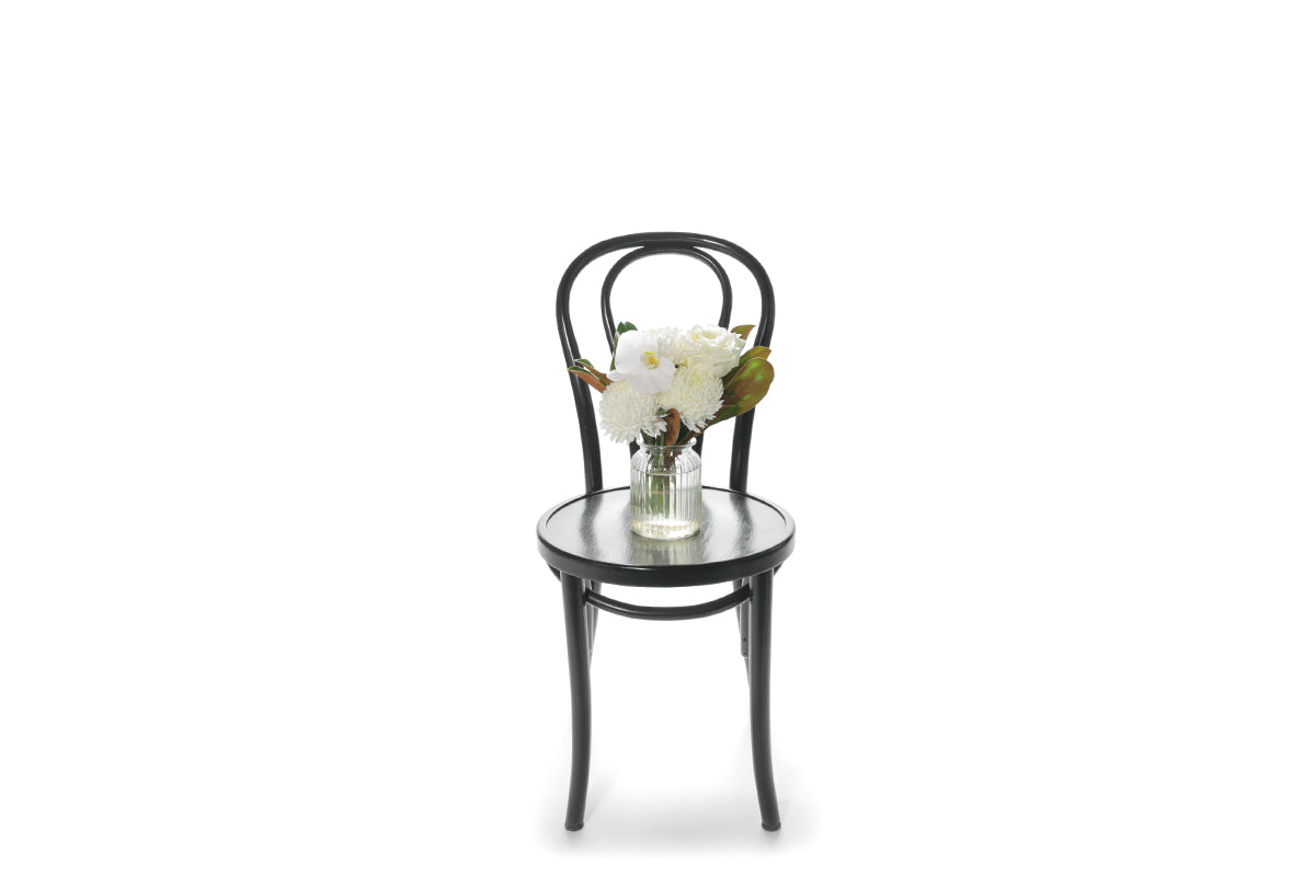 Kate Hill Flowers – small lemon and white sympathy jar with rose, chrysanthemum, orchid and foliage.