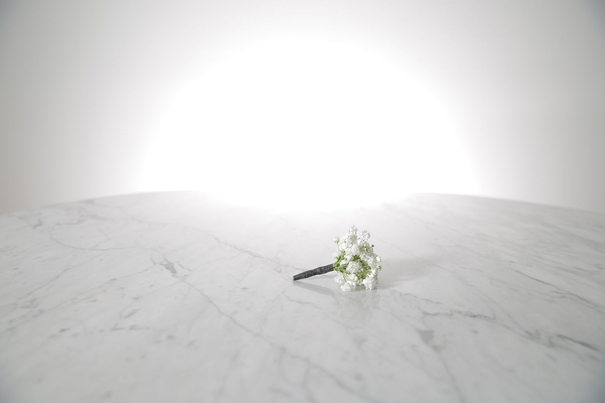 White flower boutonniere buttonhole flowers on a marble surface with a white background