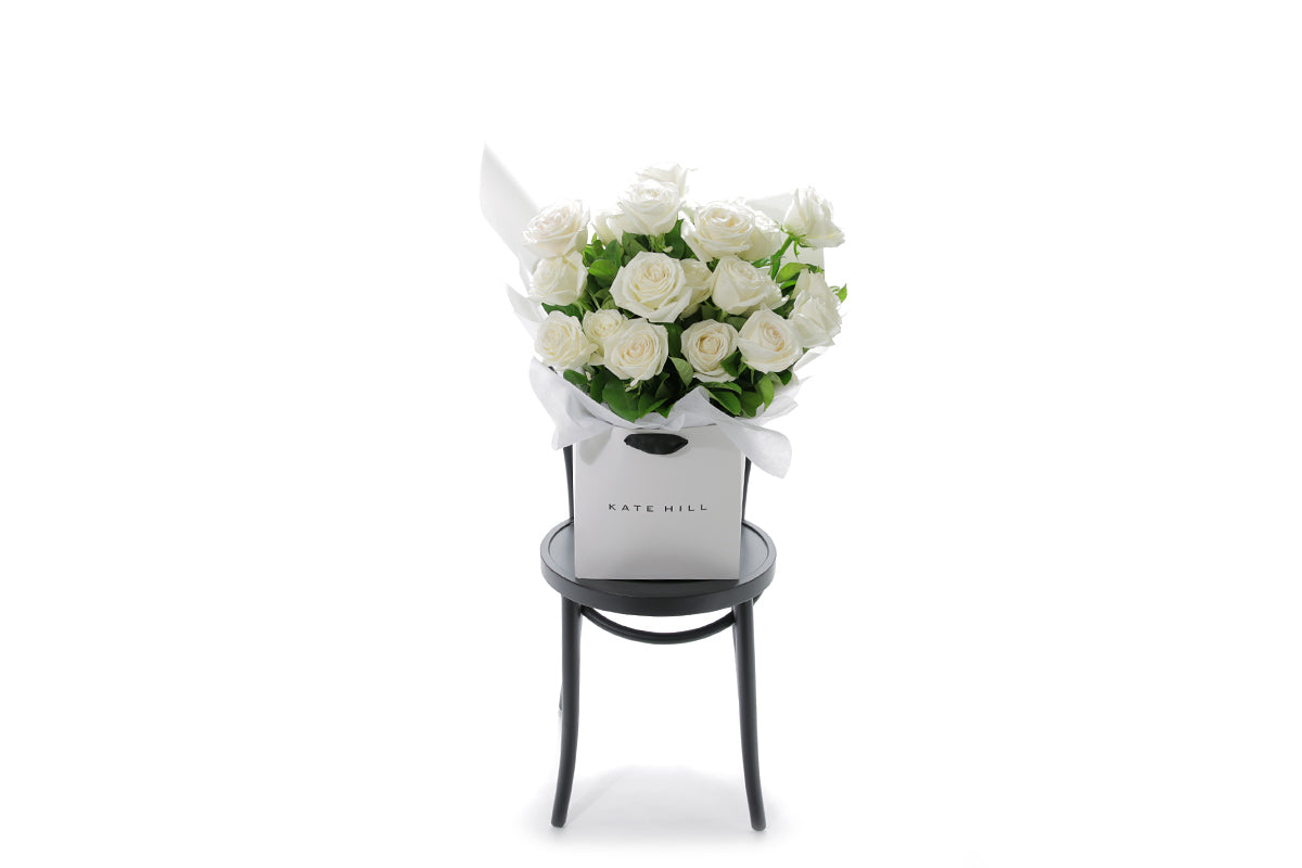 BLANCA large white rose bouquet in Kate Hill Flowers signature wrapping