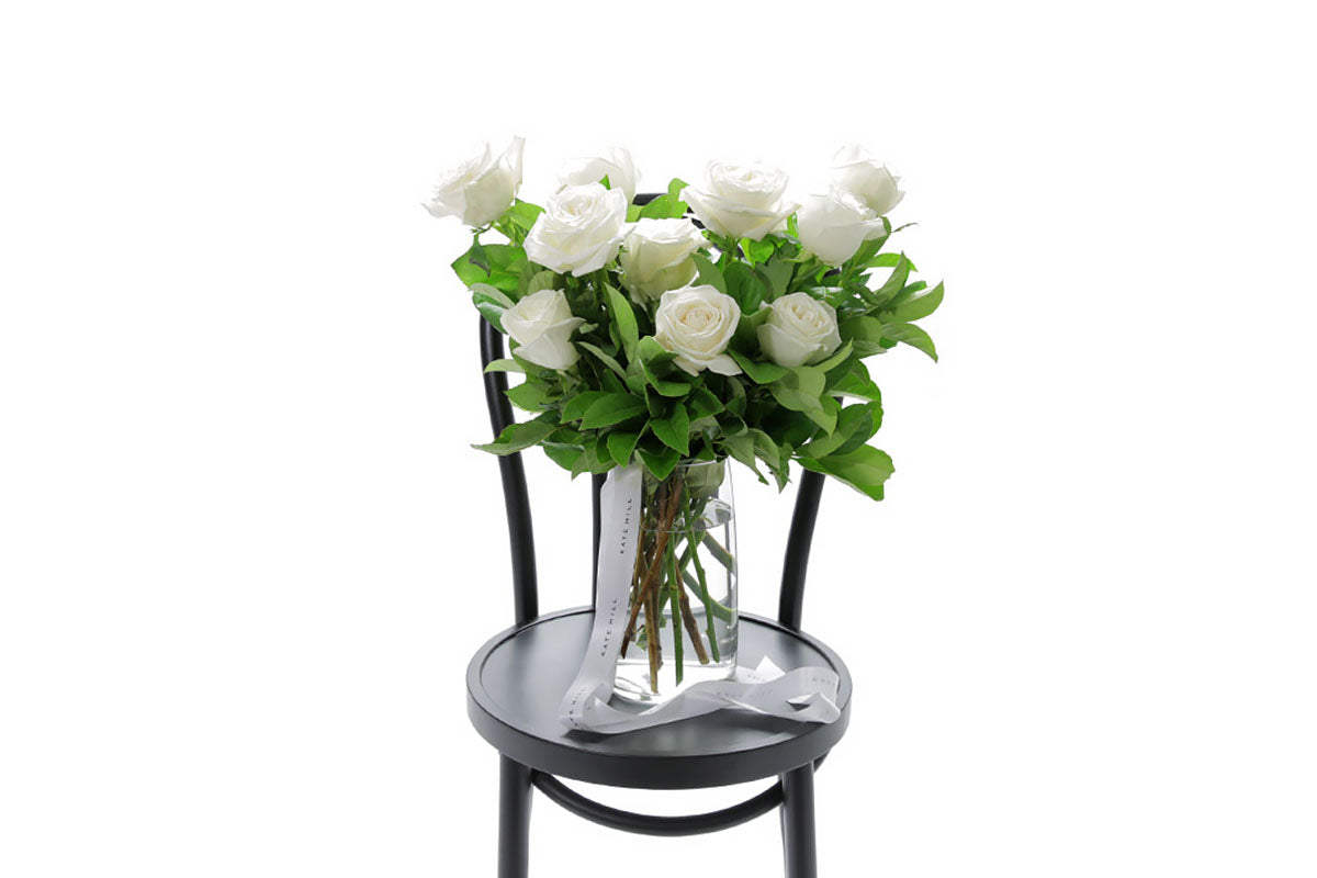 BLANCA large white roses in a tapered glass vase by Kate Hill Flowers Melbourne