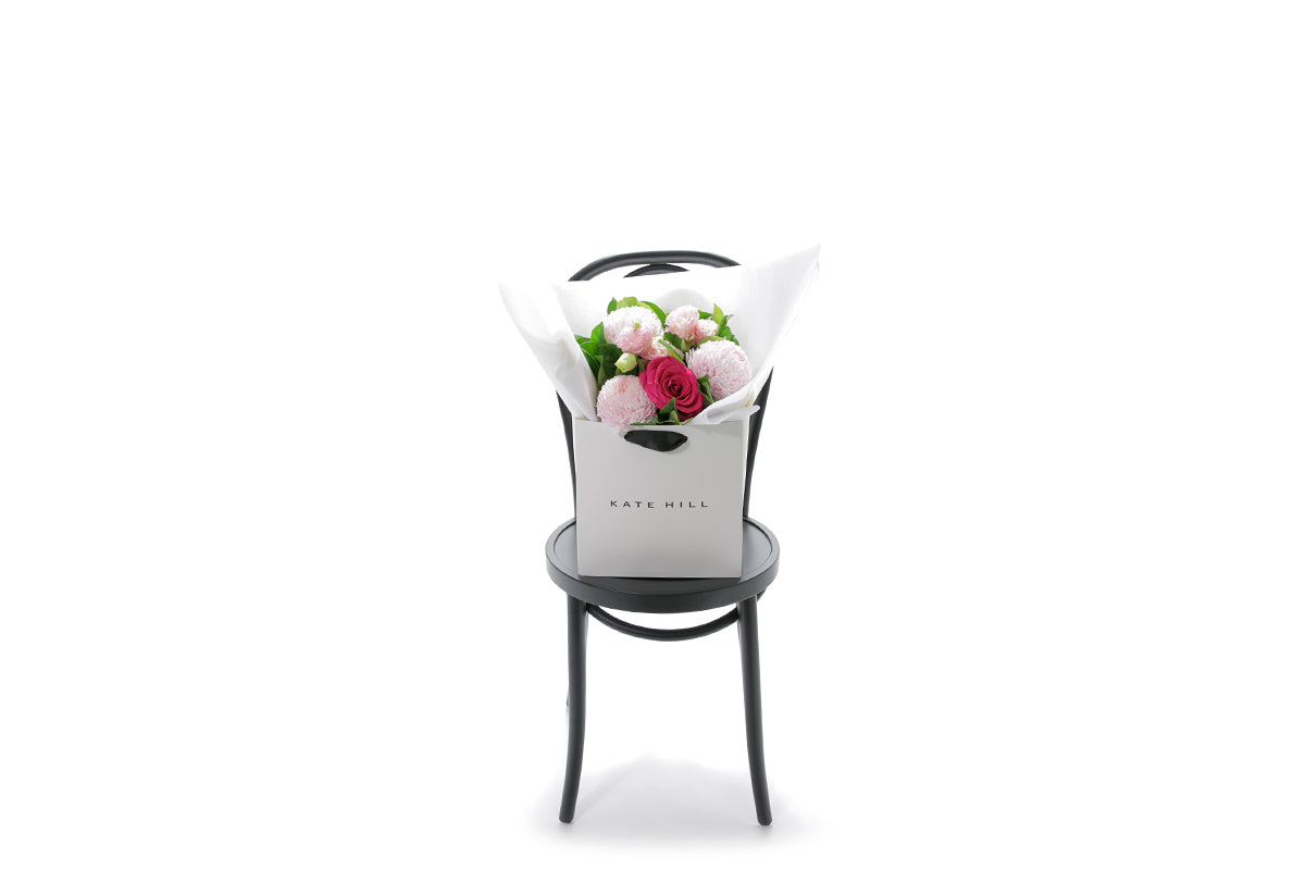 HARPER pink bouquet in Kate Hill Flowers signature wrapping
