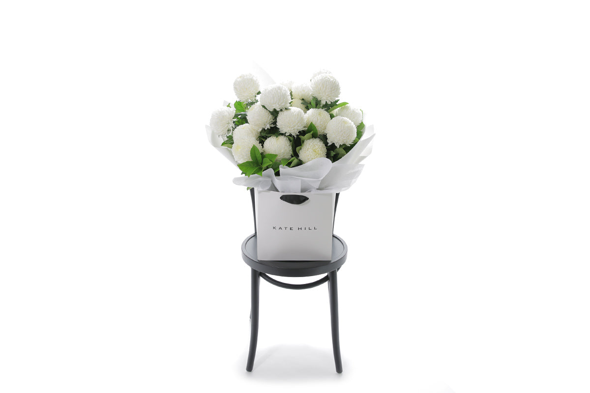 PIPER extra large white disbud bouquet in Kate Hill Flowers signature wrapping