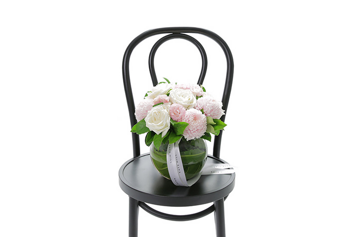 SERENITY pastel ball vase arrangement of blush and white blooms by Kate Hill Flowers Melbourne