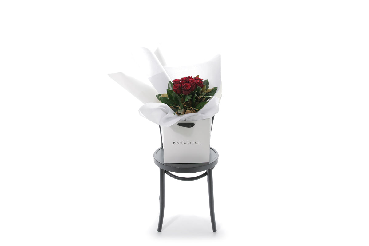 VALENTINE red rose bouquet in Kate Hill Flowers signature wrapping