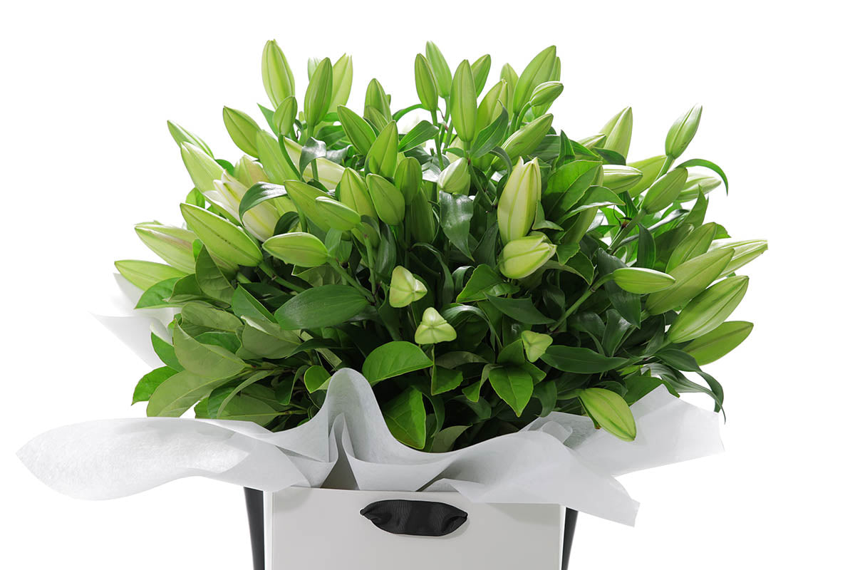 Close-up of VALERIE large bouquet with white oriental lilies