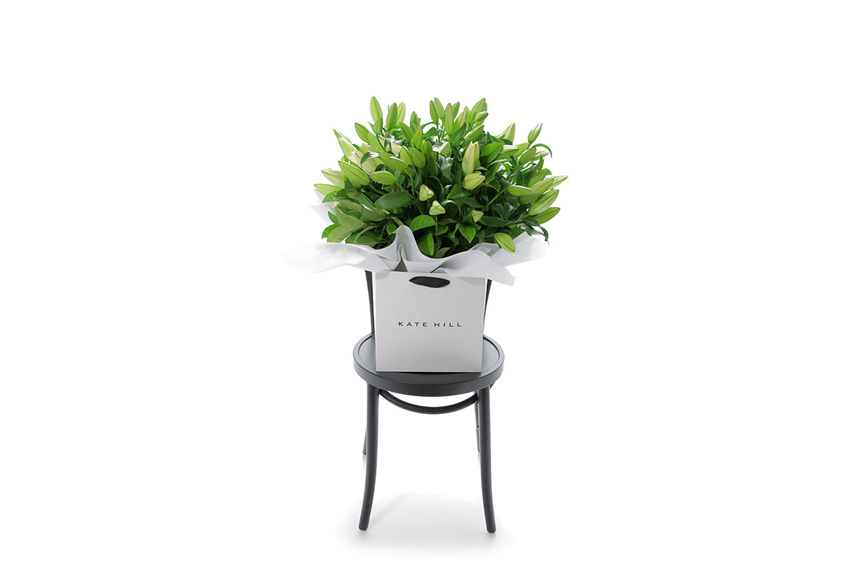 VALERIE large white lily bouquet in Kate Hill Flowers signature wrapping