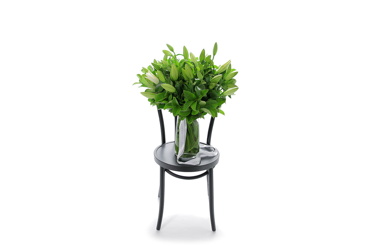 VALERIE 20 stems of white oriental lilies in a tapered glass vase lined with monsteria