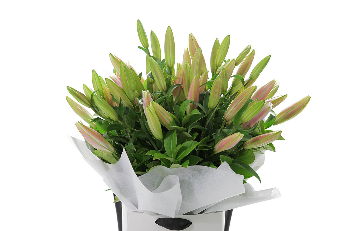 Close-up of VARDA large bouquet with pink oriental lilies
