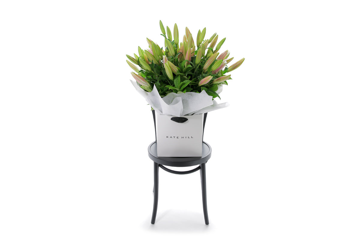 VARDA large pink lily bouquet in Kate Hill Flowers signature wrapping