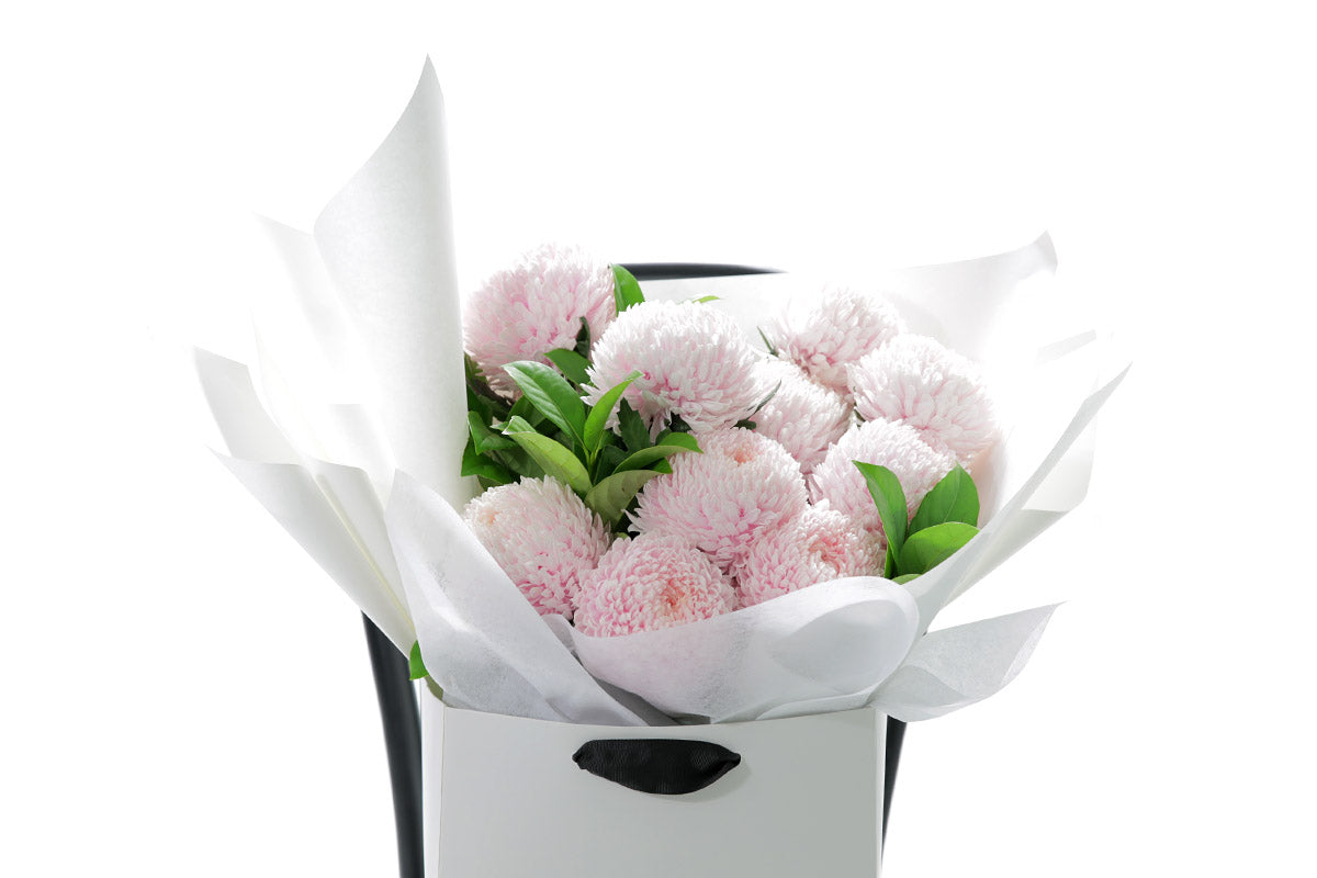 Close-up of VIVIENNE bouquet with soft pink chrysanthemum disbuds