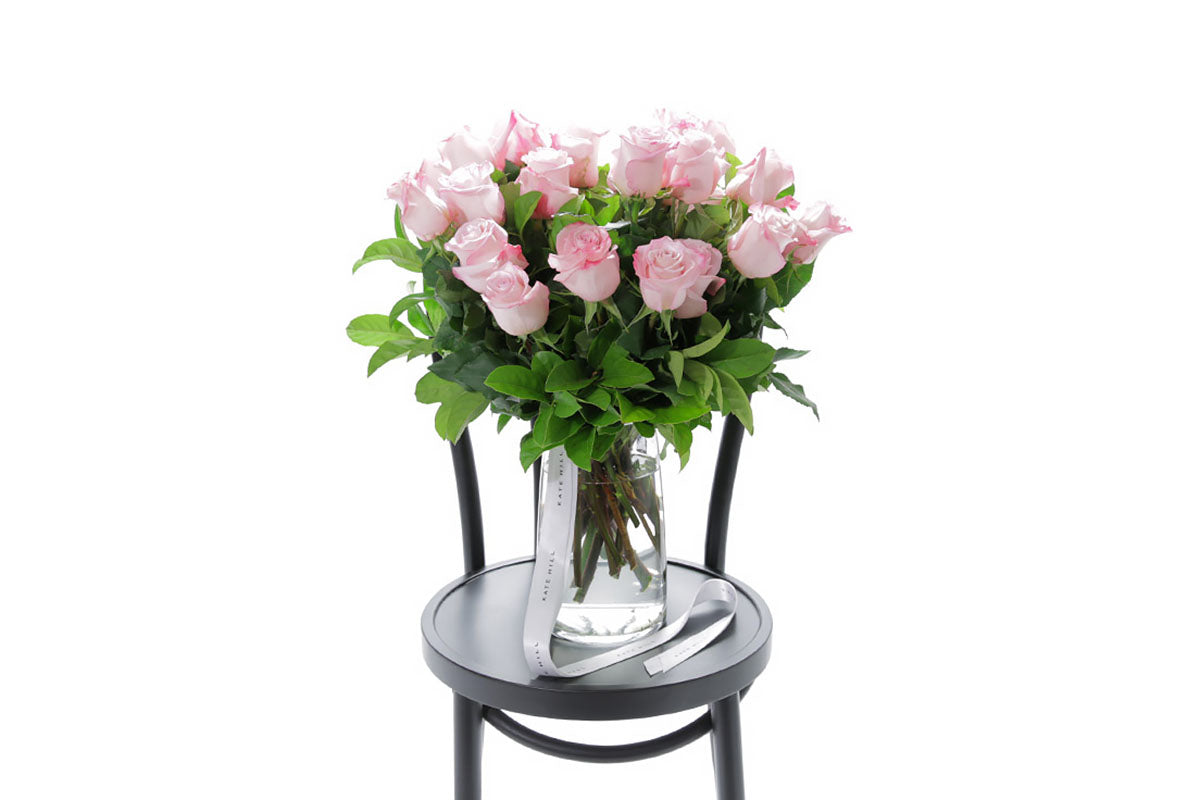 ZARA large pale pink roses in a tapered glass vase by Kate Hill Flowers Melbourne