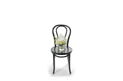 Wide image of the vase design sitting on the black bentwood chair to show honest size of the gift. Petite ribbed glass vase displaying white and green seasonal flower. Gift includes the vase. BAILEY vase flower design is beautifully presented in our flower bag and detailed with Kate Hill ribbon. Small vase design is sitting on black bentwood chair.