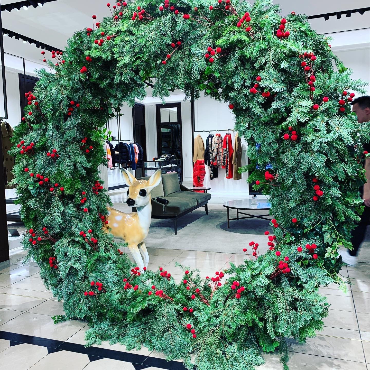 Extra large Christmas flower wreath in Burberry store